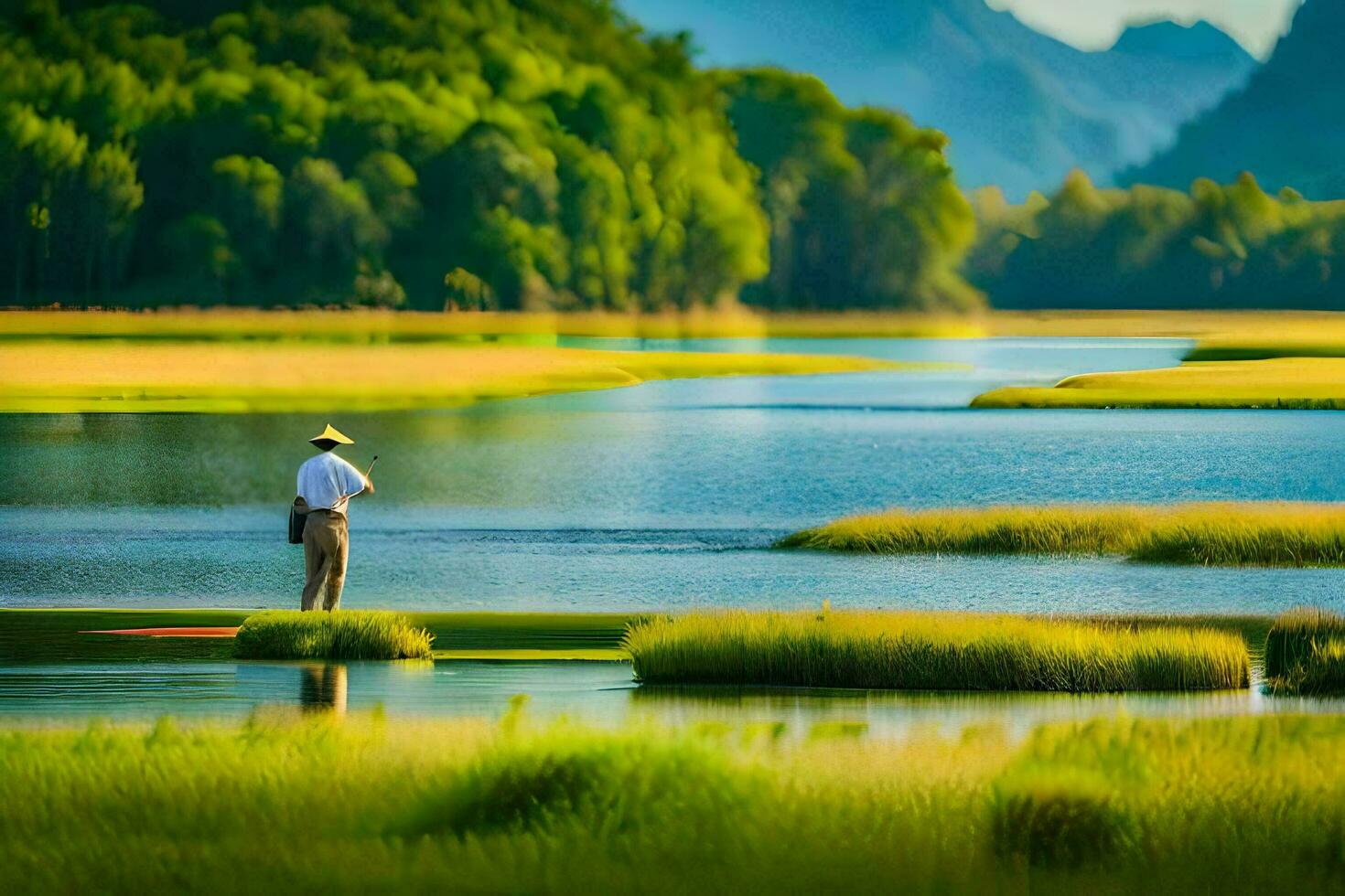 a man fishing in a lake with grassy hills in the background. AI-Generated photo