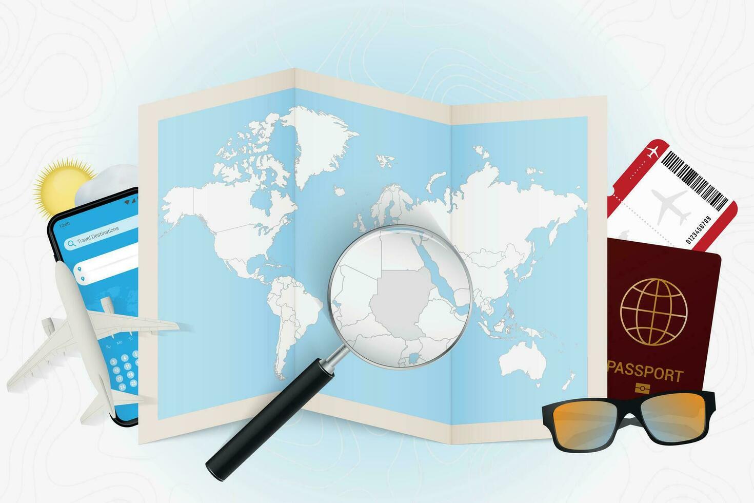 Travel destination Sudan, tourism mockup with travel equipment and world map with magnifying glass on a Sudan. vector