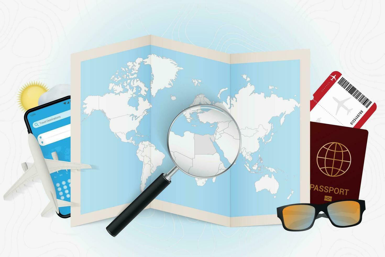 Travel destination Egypt, tourism mockup with travel equipment and world map with magnifying glass on a Egypt. vector