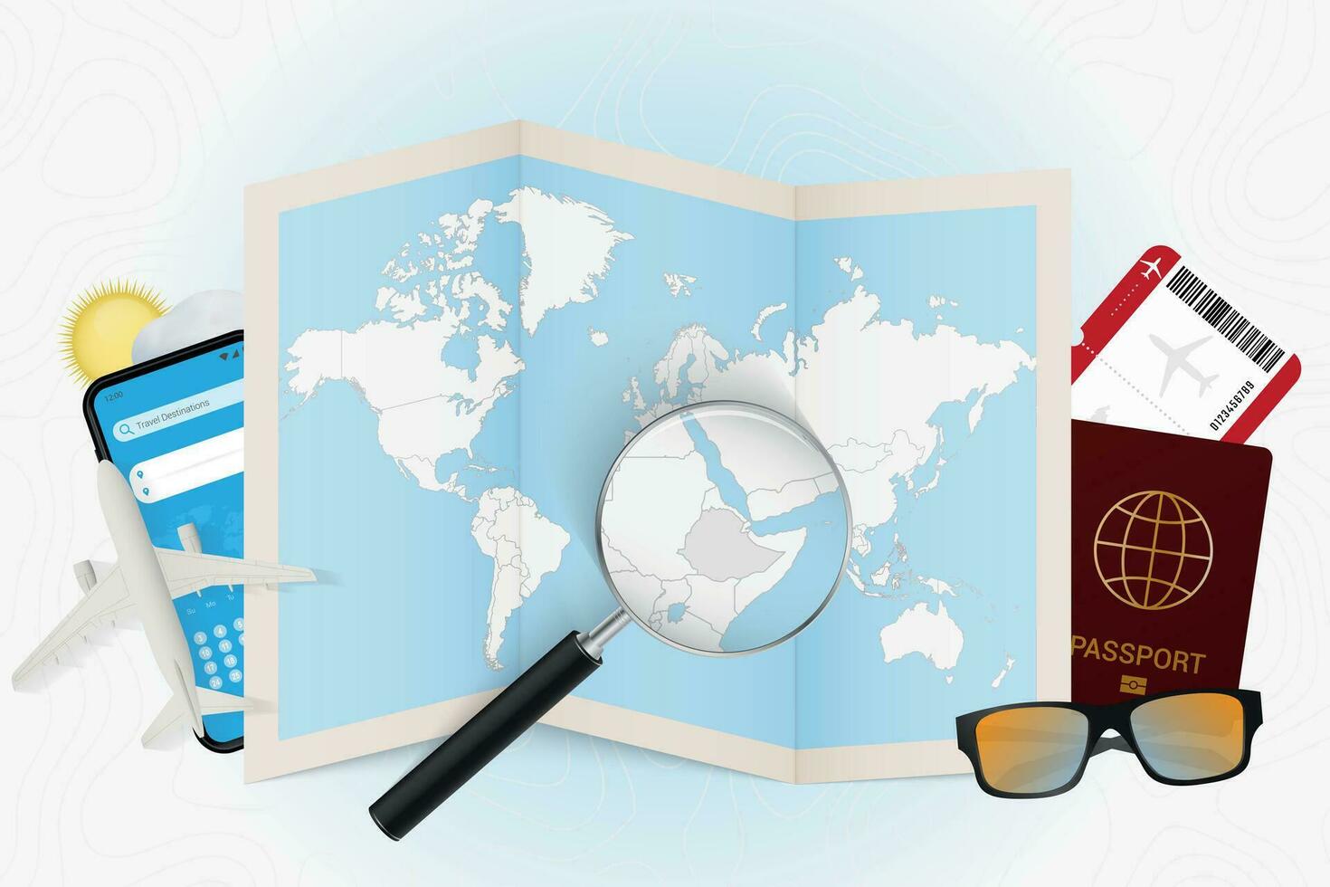 Travel destination Ethiopia, tourism mockup with travel equipment and world map with magnifying glass on a Ethiopia. vector