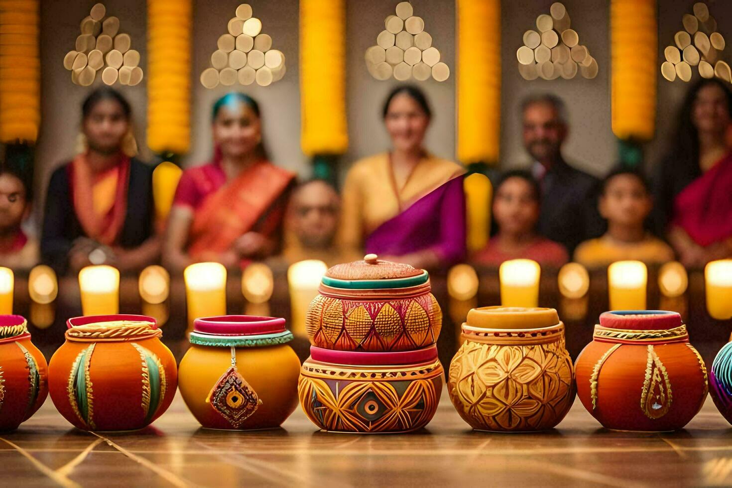 a group of people in indian dress sitting around a table with colorful pots. AI-Generated photo