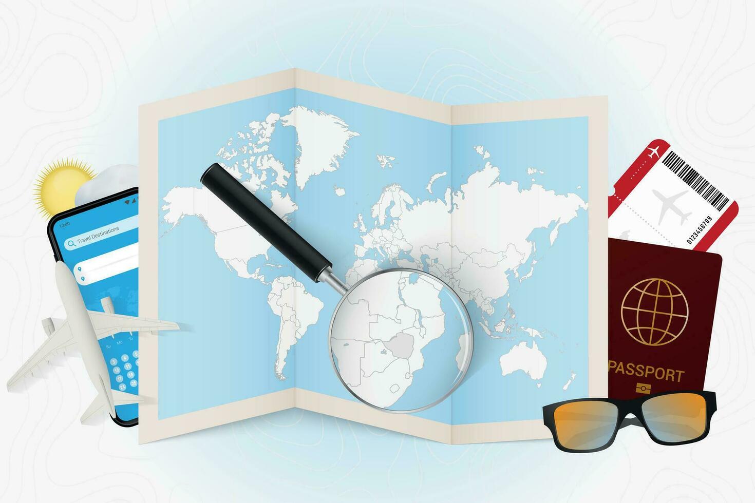 Travel destination Zimbabwe, tourism mockup with travel equipment and world map with magnifying glass on a Zimbabwe. vector