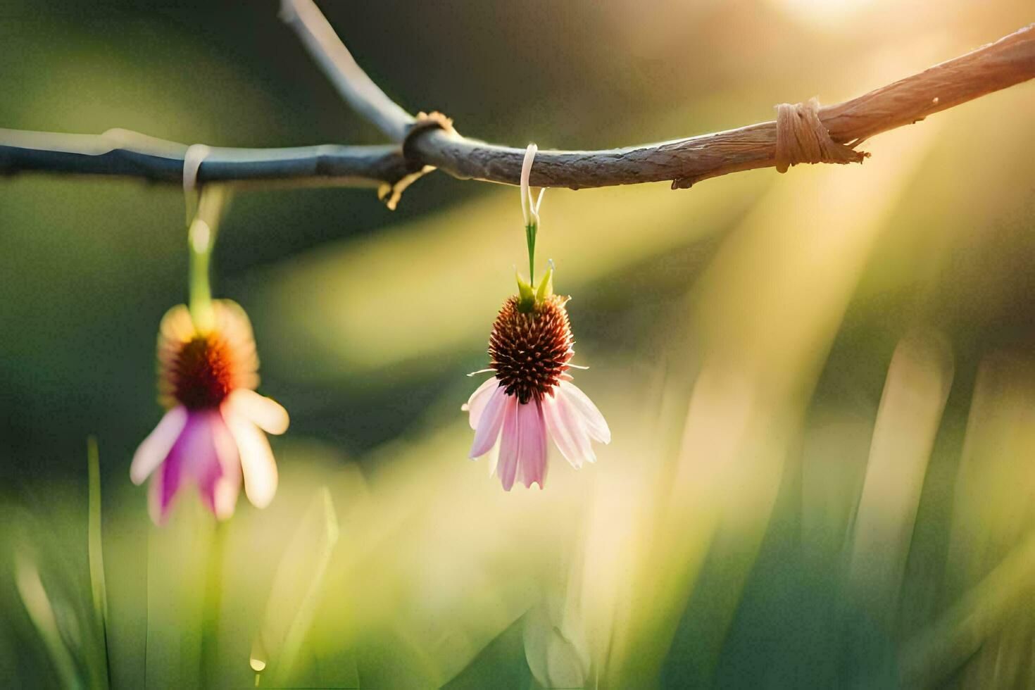 two pink flowers hanging from a branch. AI-Generated photo