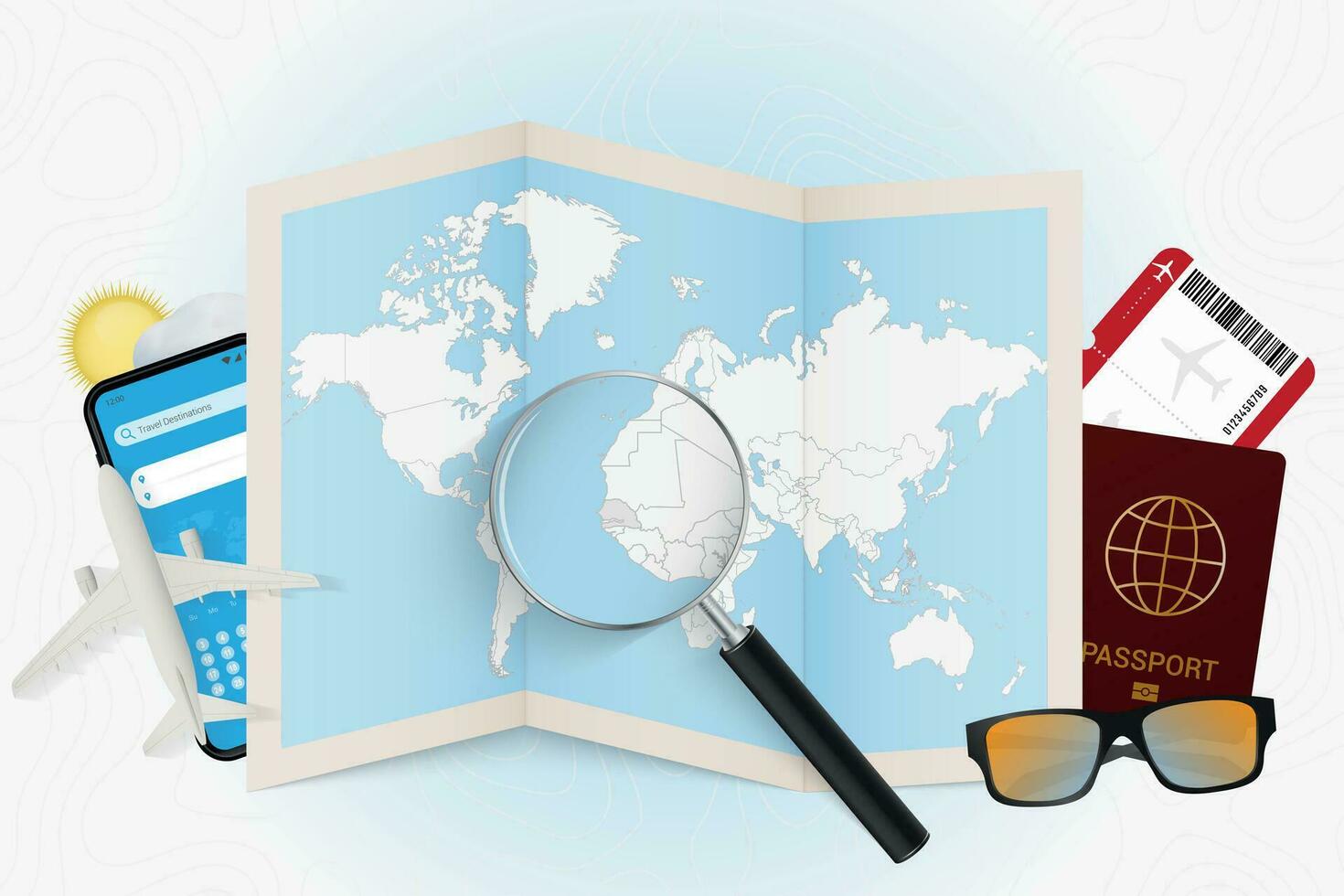 Travel destination Senegal, tourism mockup with travel equipment and world map with magnifying glass on a Senegal. vector