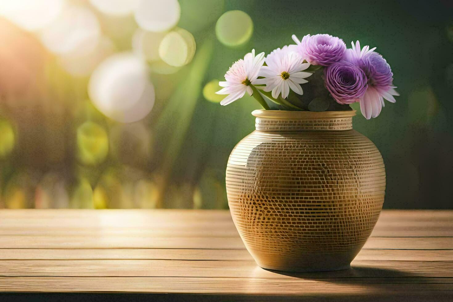 flowers in a vase on a wooden table. AI-Generated photo
