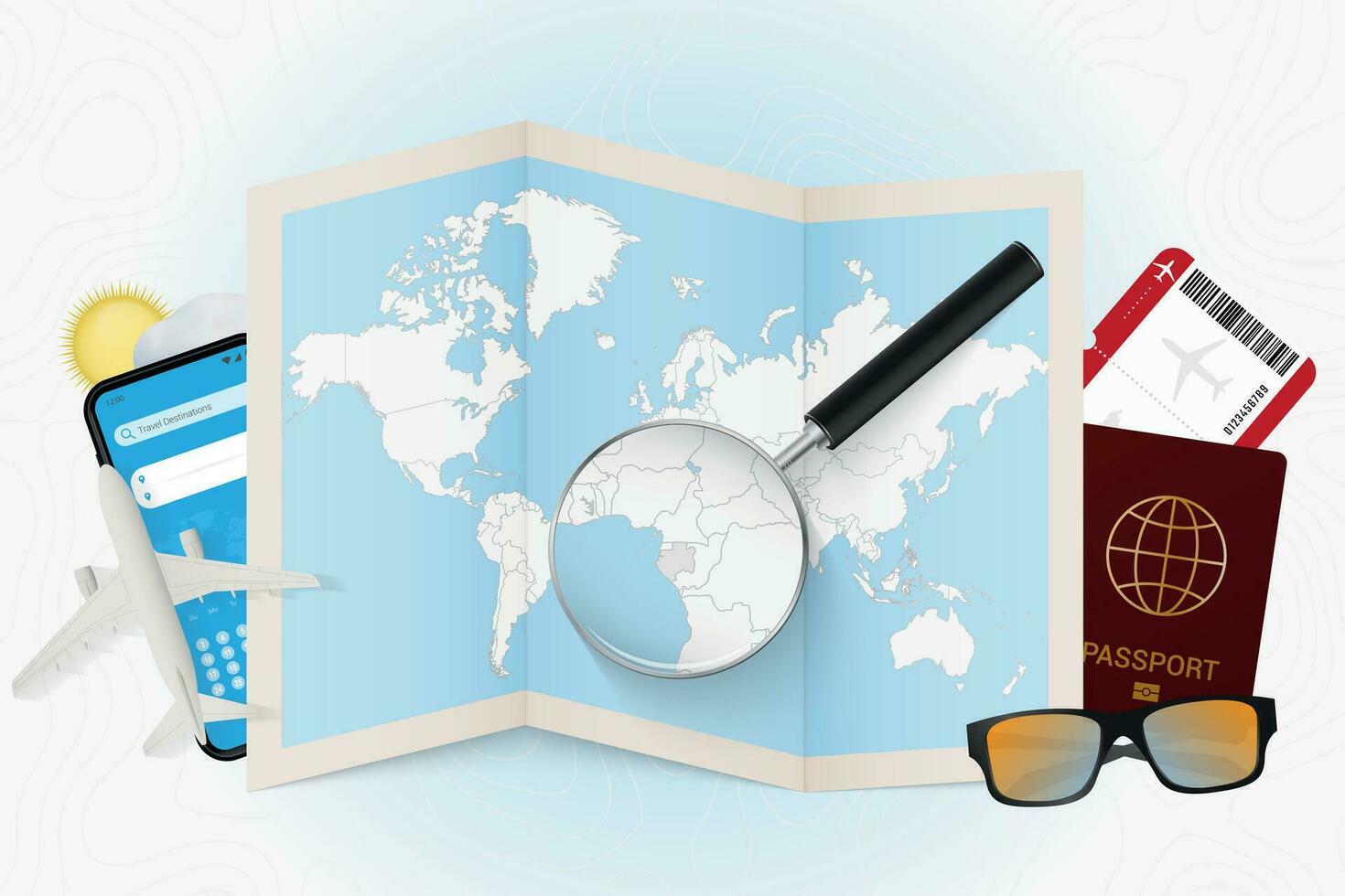Travel destination Gabon, tourism mockup with travel equipment and world map with magnifying glass on a Gabon. vector