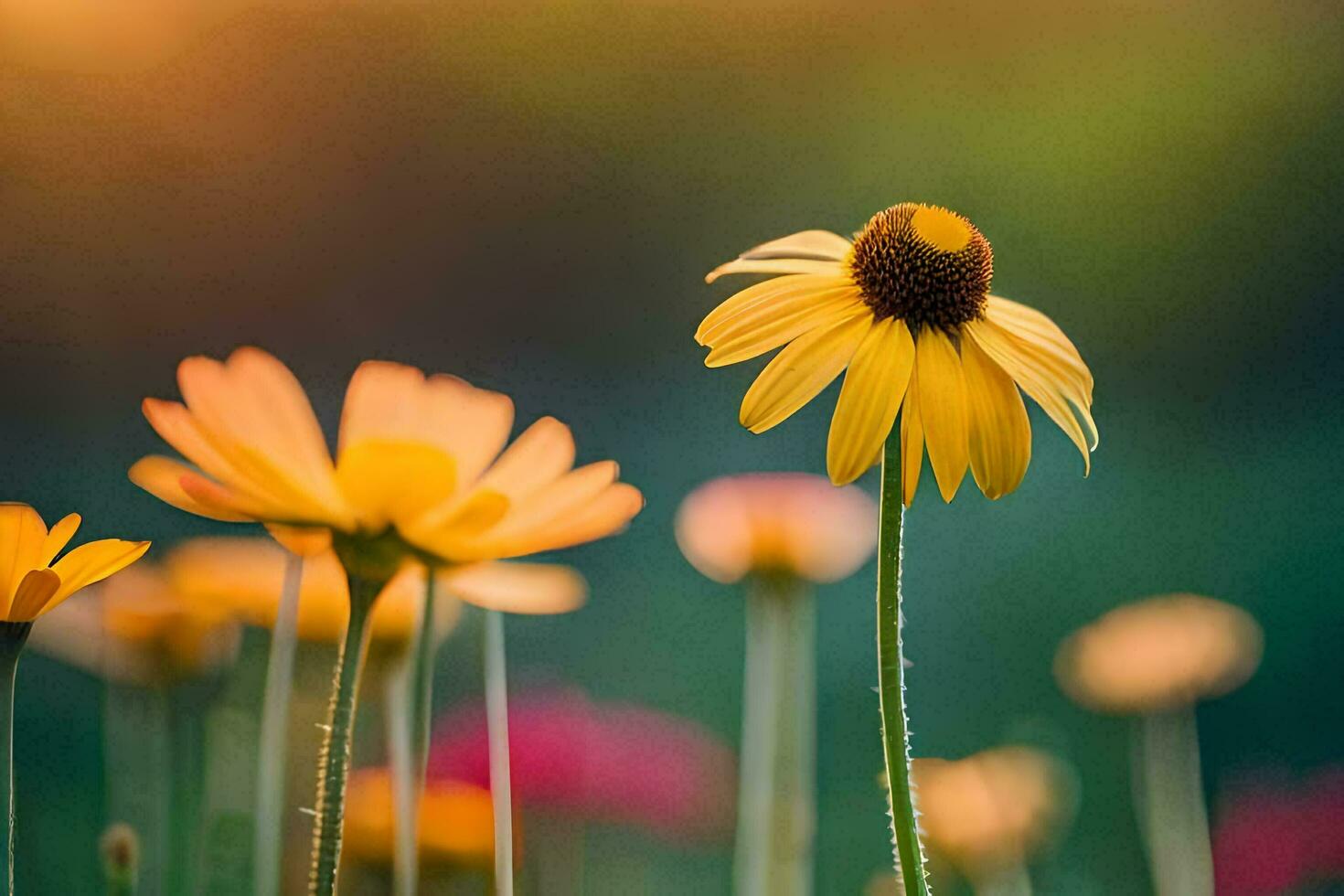 amarillo flores en un campo con un puesta de sol en el antecedentes. generado por ai foto