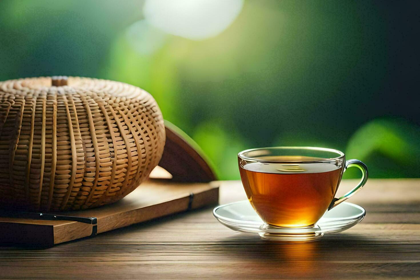 un taza de té en un de madera mesa. generado por ai foto