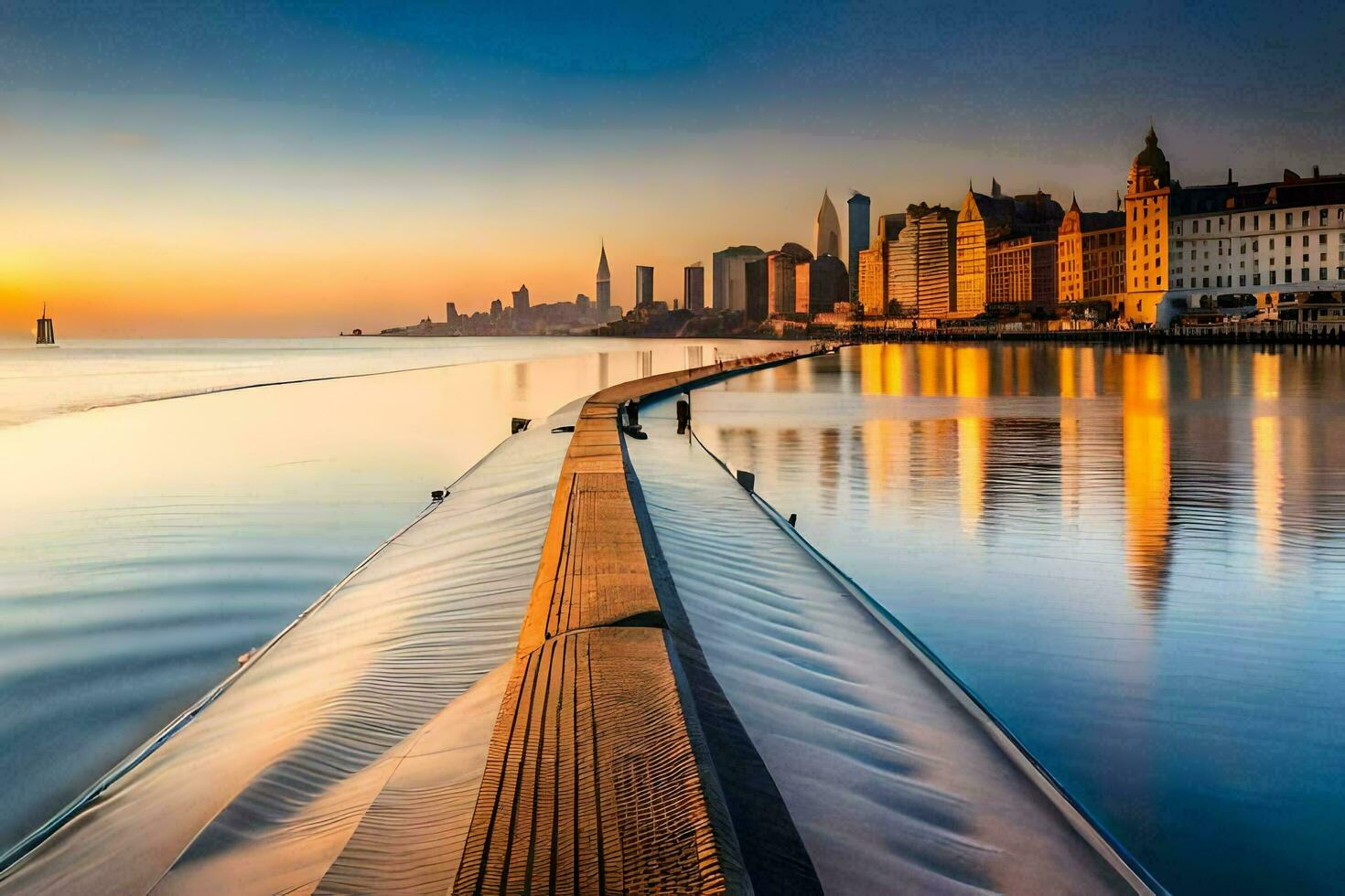 a long pier with buildings in the background at sunset. AI-Generated photo