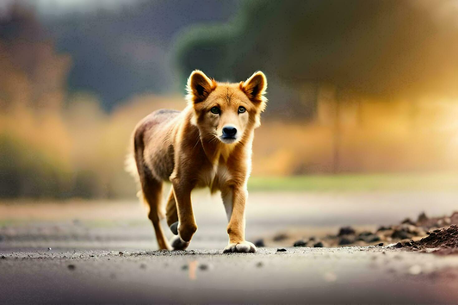 a dog walking on a road in the middle of the day. AI-Generated photo