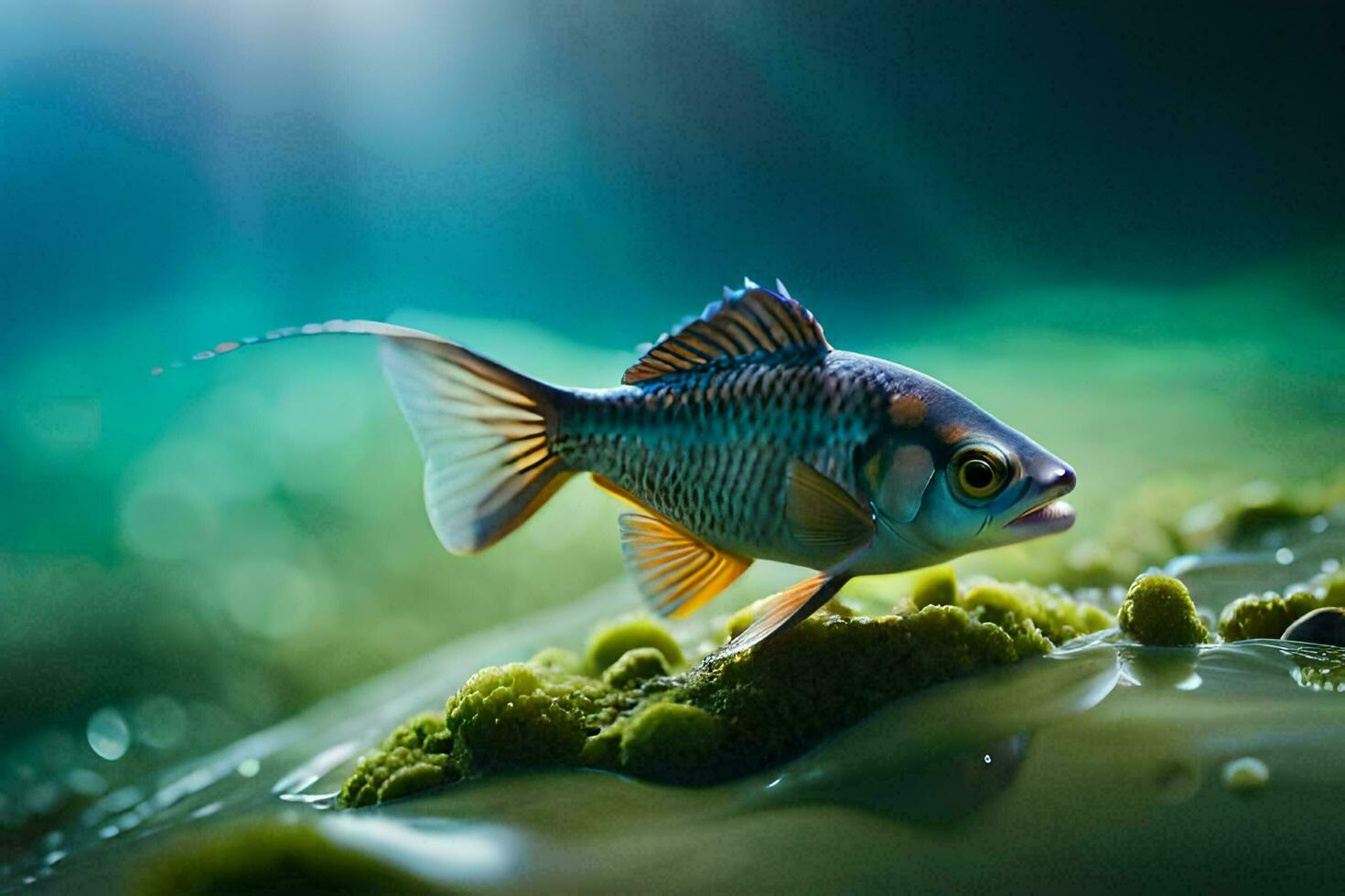 a fish is standing on top of a green mossy surface. AI-Generated photo
