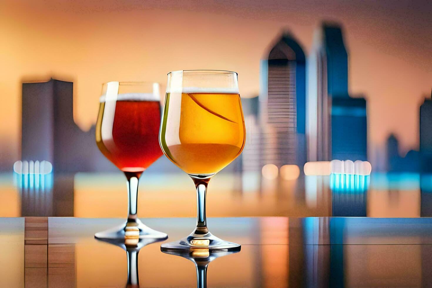 two glasses of beer on a table in front of a city skyline. AI-Generated photo