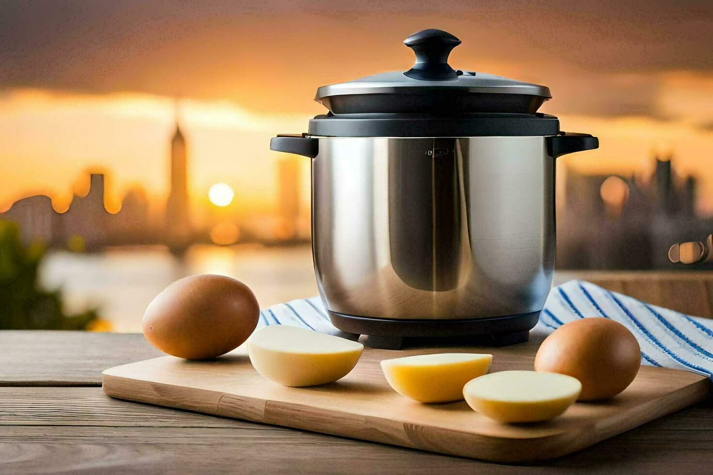 an electric pressure cooker with eggs and a knife on a wooden table. AI-Generated photo