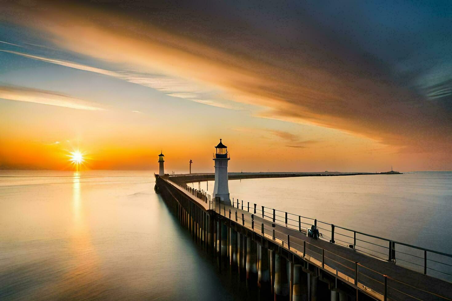 a long exposure photograph of a pier at sunset. AI-Generated photo