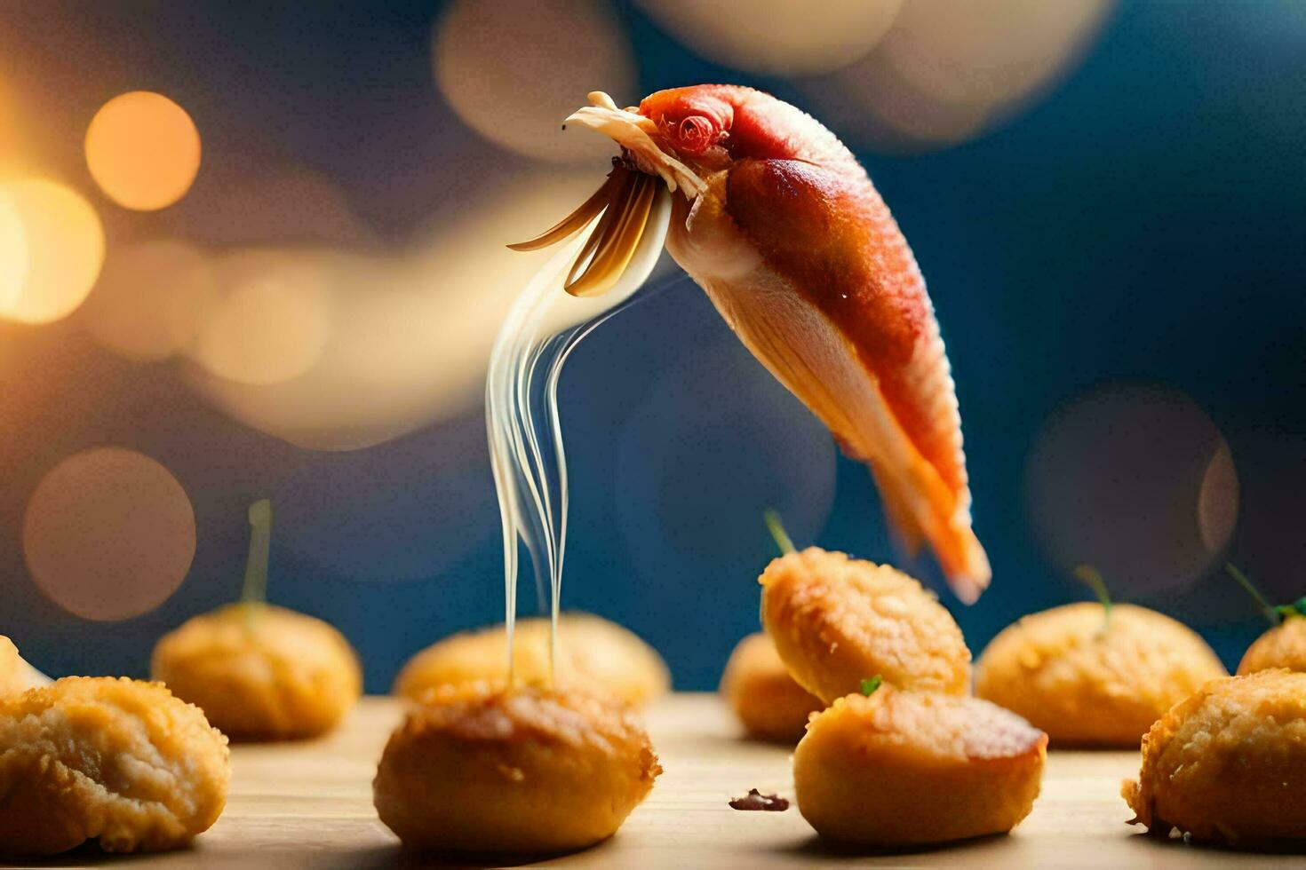 a fish is flying over some food on a table. AI-Generated photo