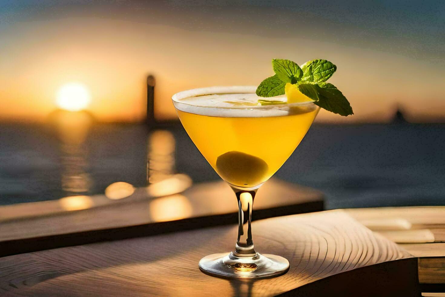 cocktail on a wooden table with sunset in the background. AI-Generated photo