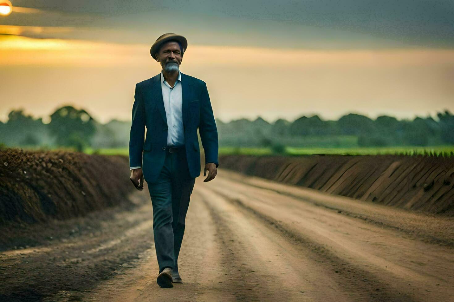 a man in a suit and hat walking down a dirt road. AI-Generated photo