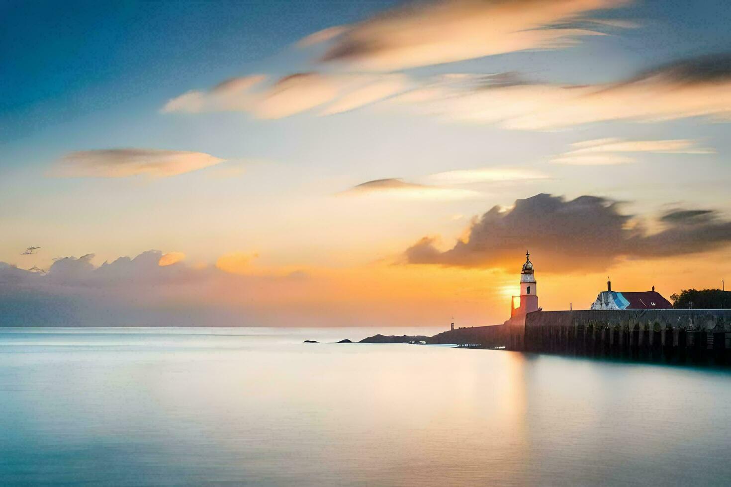 a lighthouse at sunset with clouds in the sky. AI-Generated photo