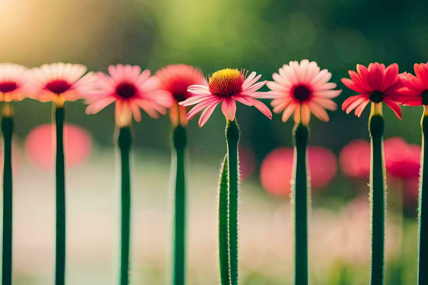 rosado flores en un fila con verde tallos. generado por ai foto