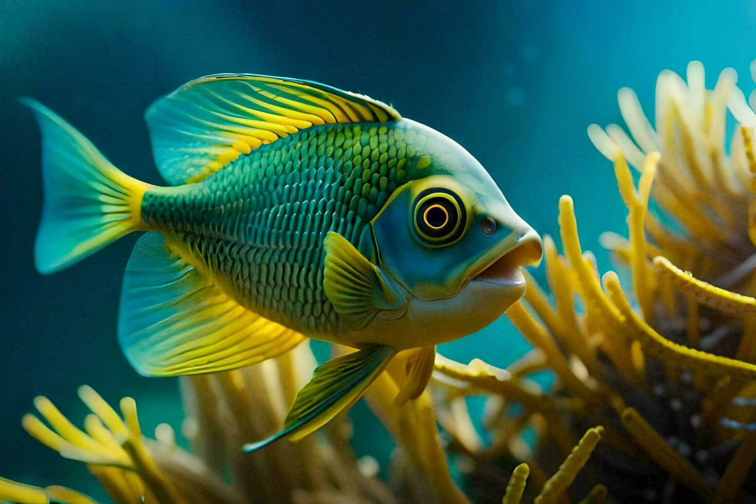 a fish swimming in the ocean with an anemone. AI-Generated photo