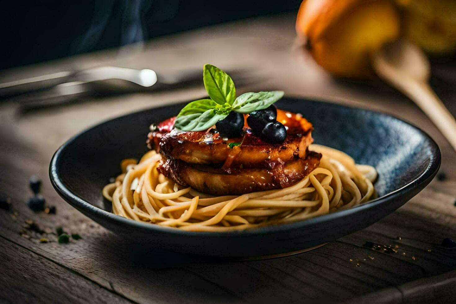 the dish is served with a spoon and a fork. AI-Generated photo
