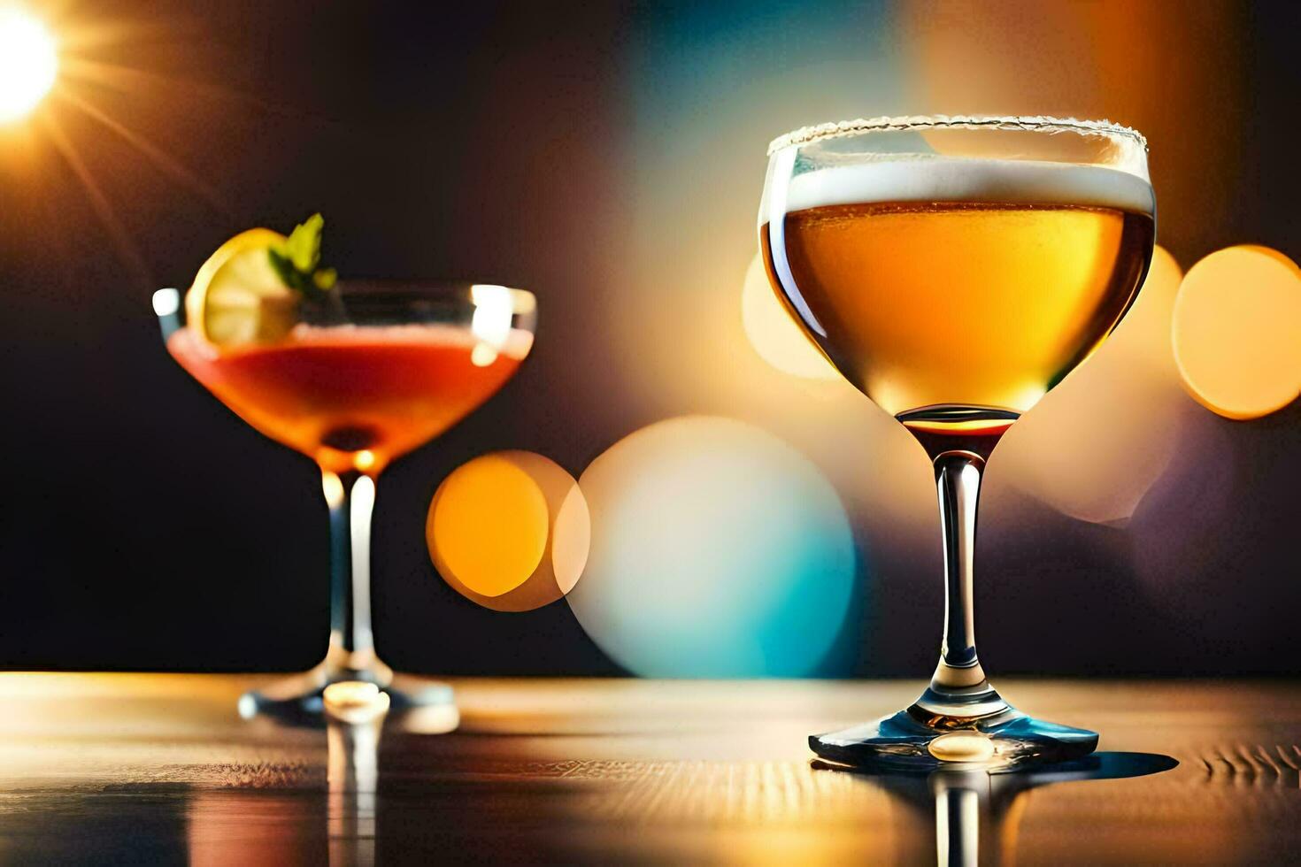 two glasses of alcohol on a table. AI-Generated photo