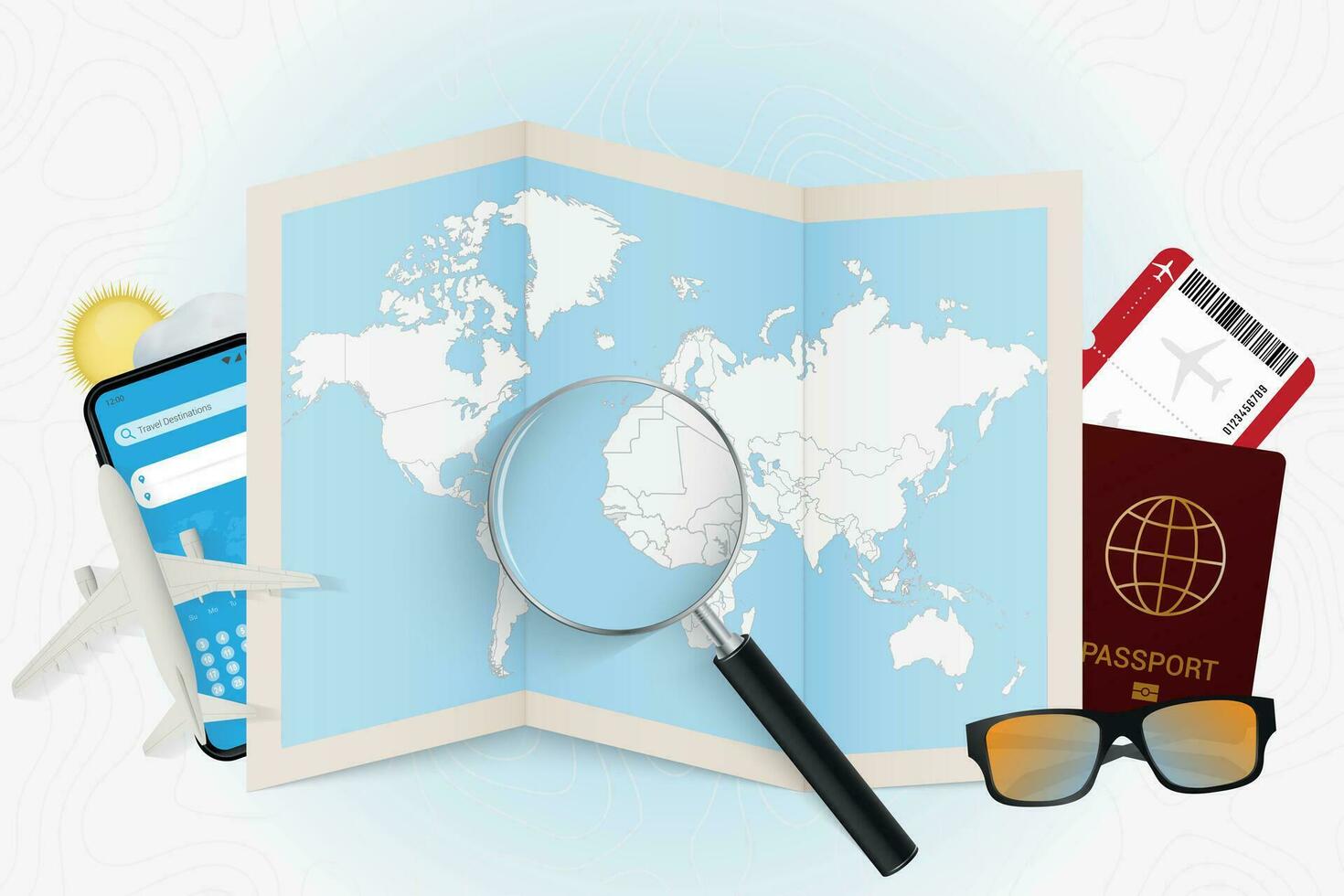 Travel destination Guinea-Bissau, tourism mockup with travel equipment and world map with magnifying glass on a Guinea-Bissau. vector