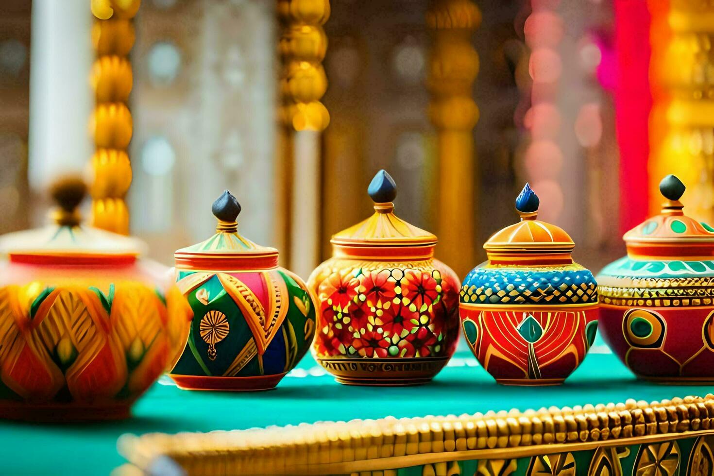 colorful pots on a table in a room. AI-Generated photo