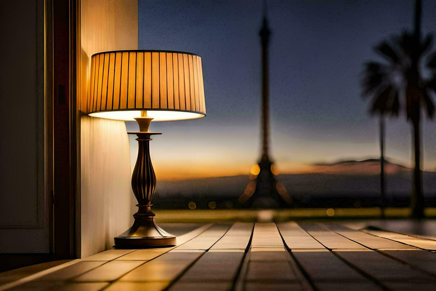 a lamp on a table in front of a window with the eiffel tower in the background. AI-Generated photo