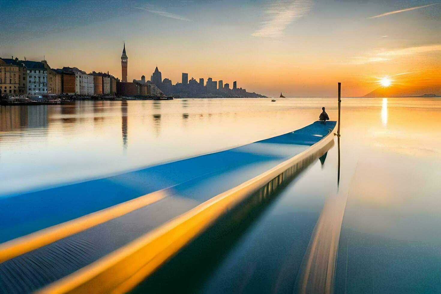 un barco es atracado en el agua a puesta de sol. generado por ai foto