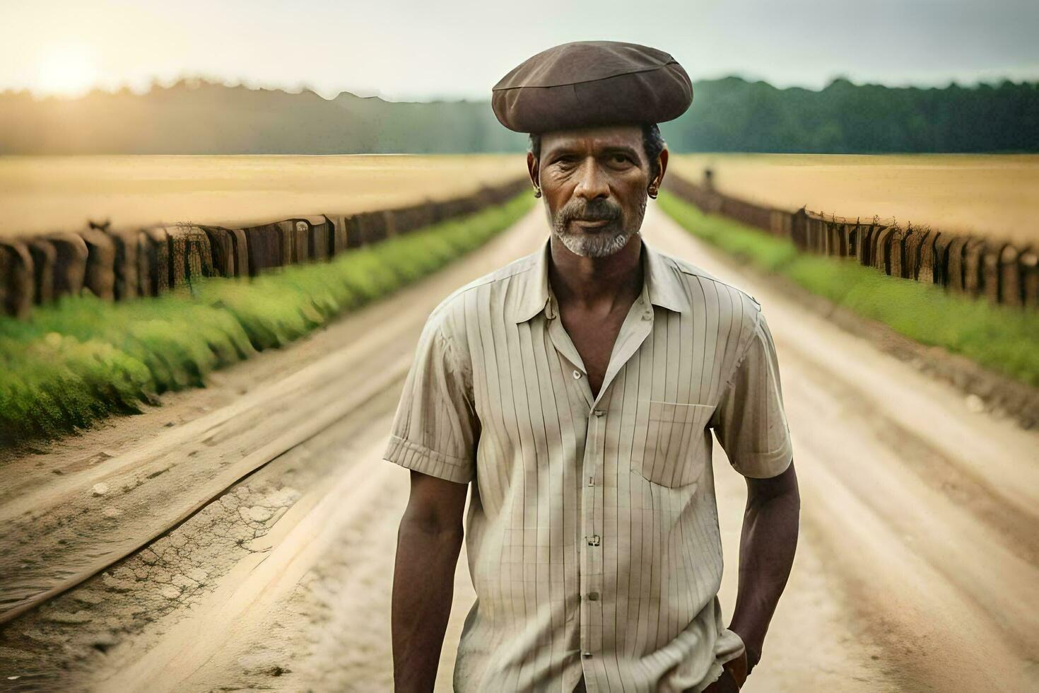 a man wearing a hat stands on a dirt road. AI-Generated photo
