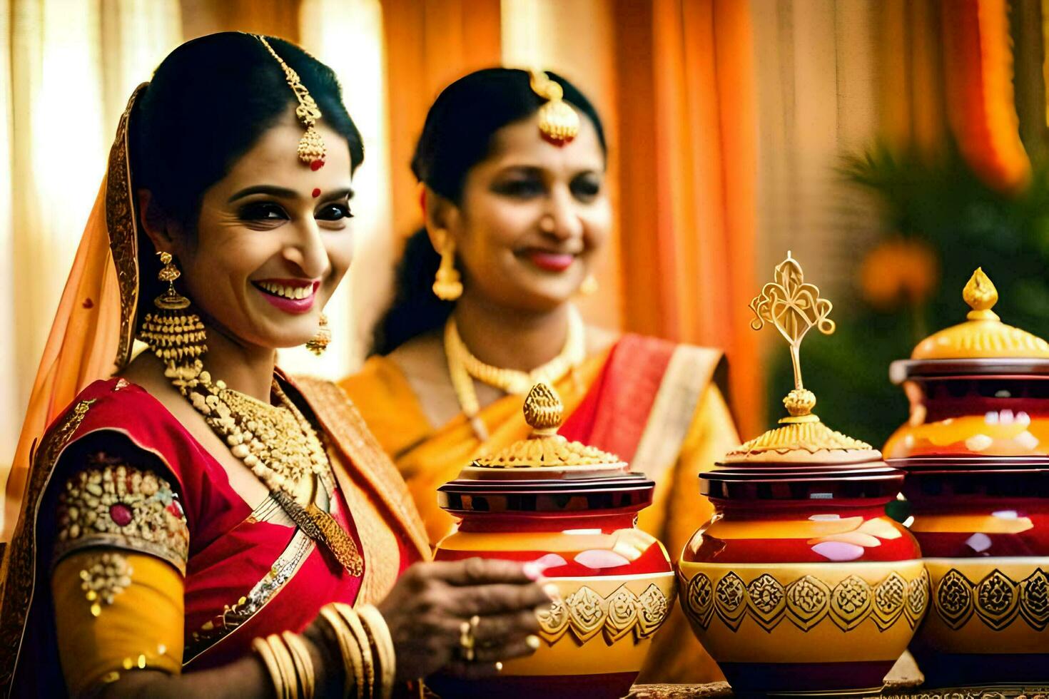two women in traditional indian attire holding pots. AI-Generated photo