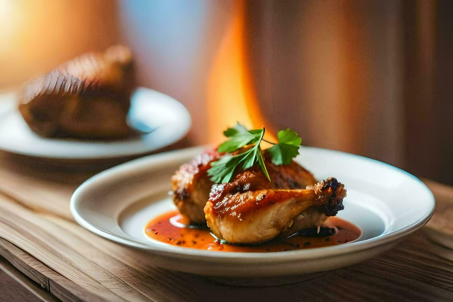 a plate of chicken with sauce and herbs on a table. AI-Generated photo