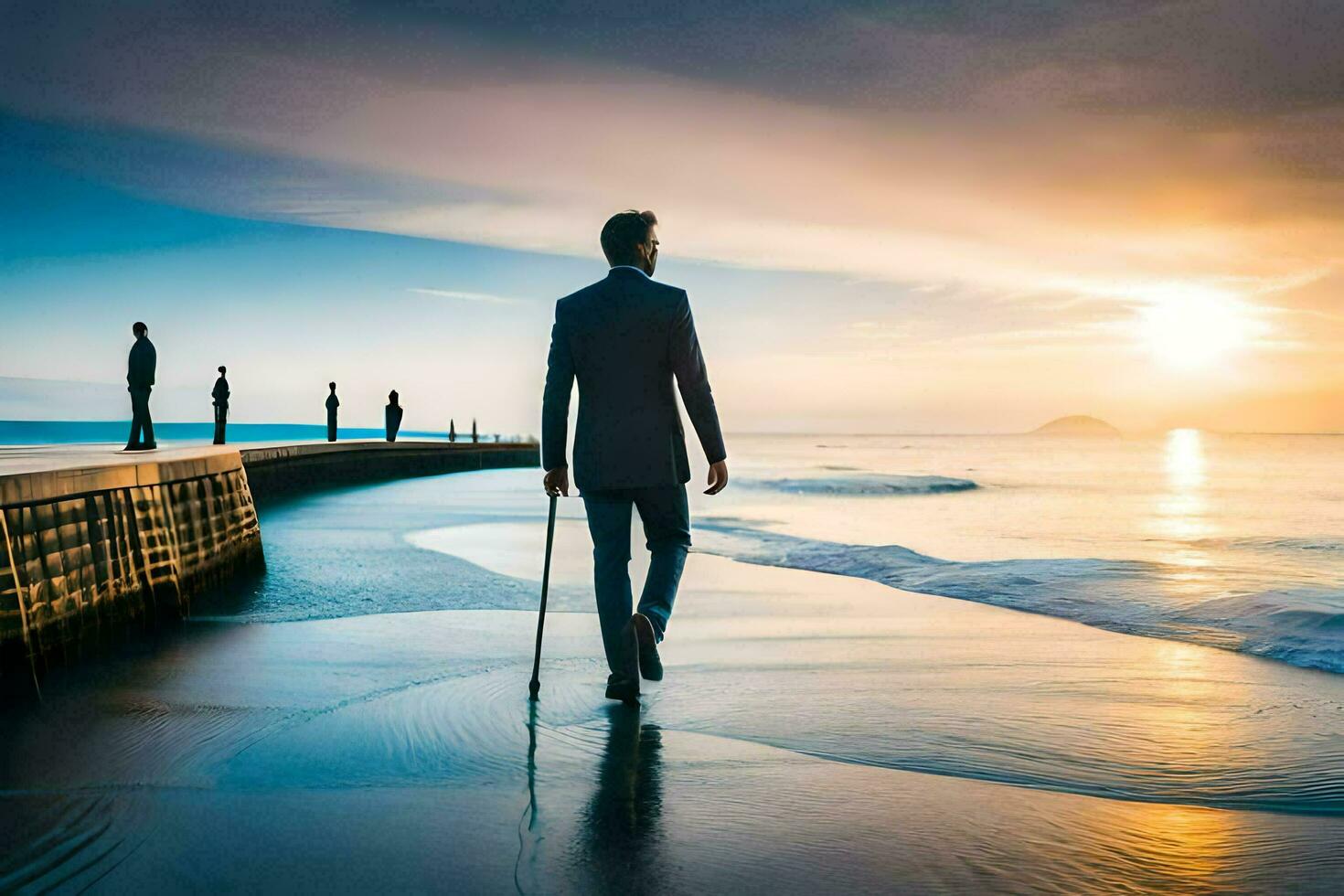 a man in a suit walks along the beach at sunset. AI-Generated photo