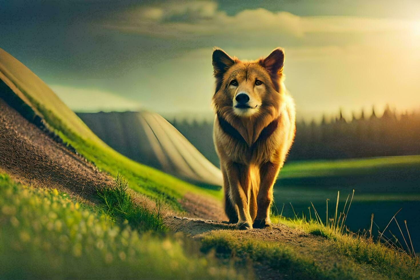 photo wallpaper the sky, grass, field, dog, sunset, the sun, the sky,. AI-Generated