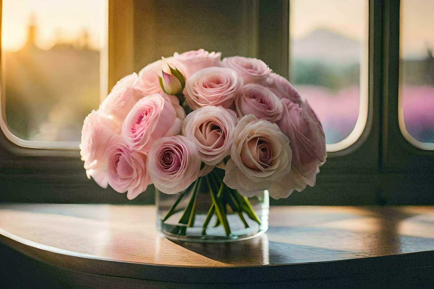 a vase of pink roses sitting on a table. AI-Generated photo