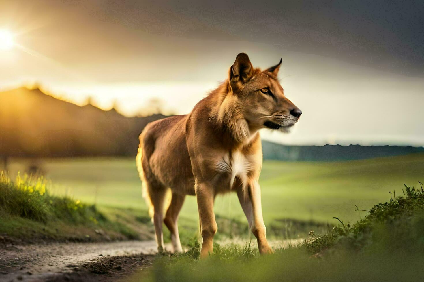 a lion walking on a dirt road at sunset. AI-Generated photo