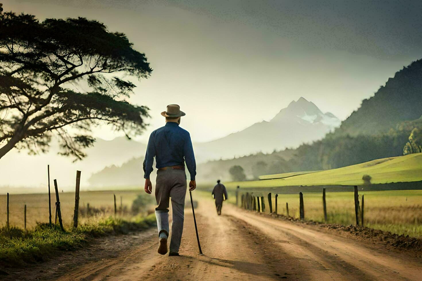 a man walking down a dirt road with a cane. AI-Generated photo