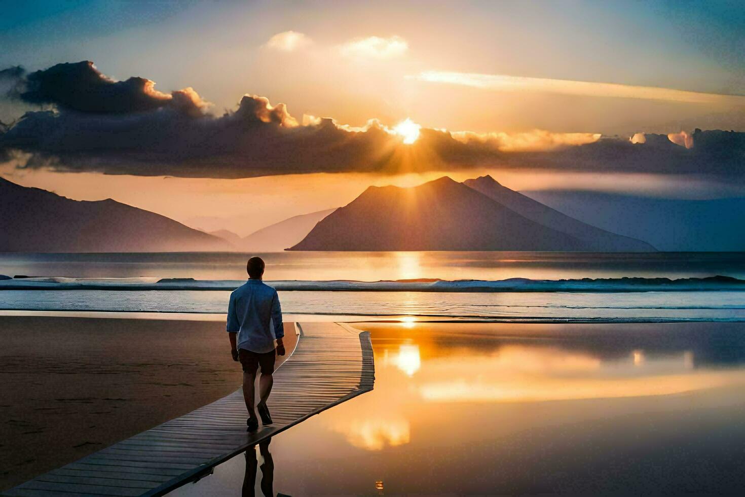 a man walking on a beach at sunset. AI-Generated photo