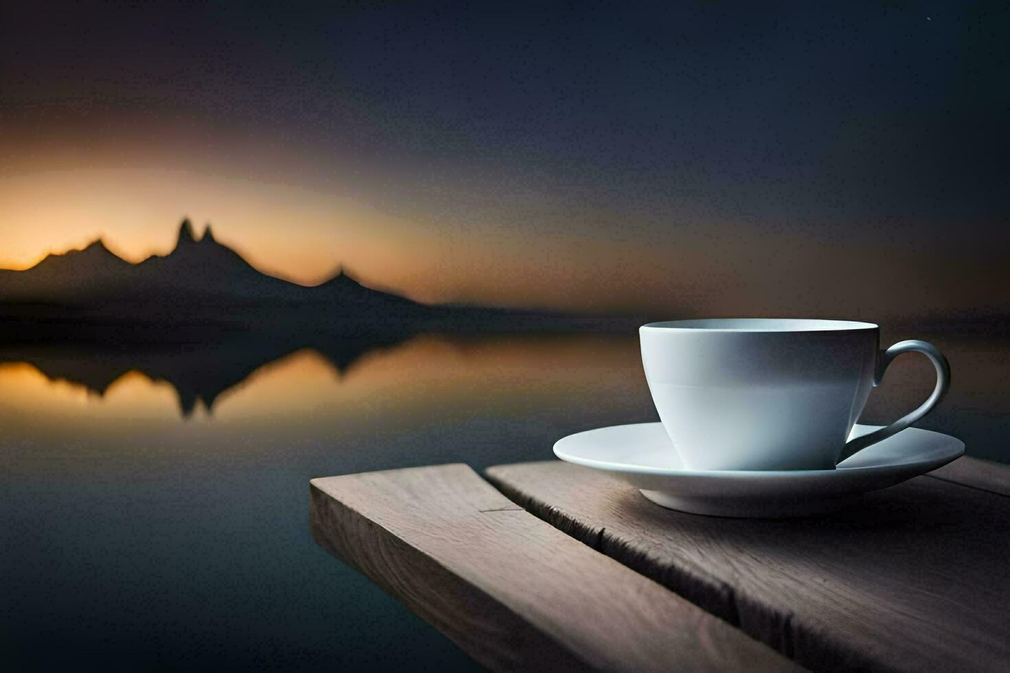 un taza de café en un de madera mesa con un lago en el antecedentes. generado por ai foto