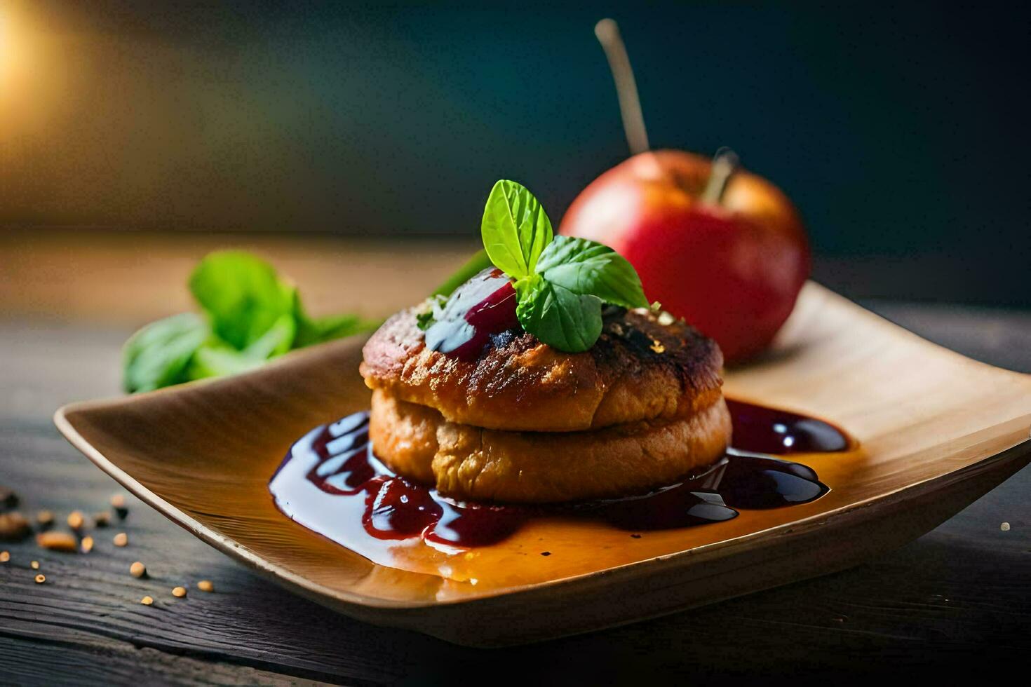 a plate with a pastry and sauce on it. AI-Generated photo