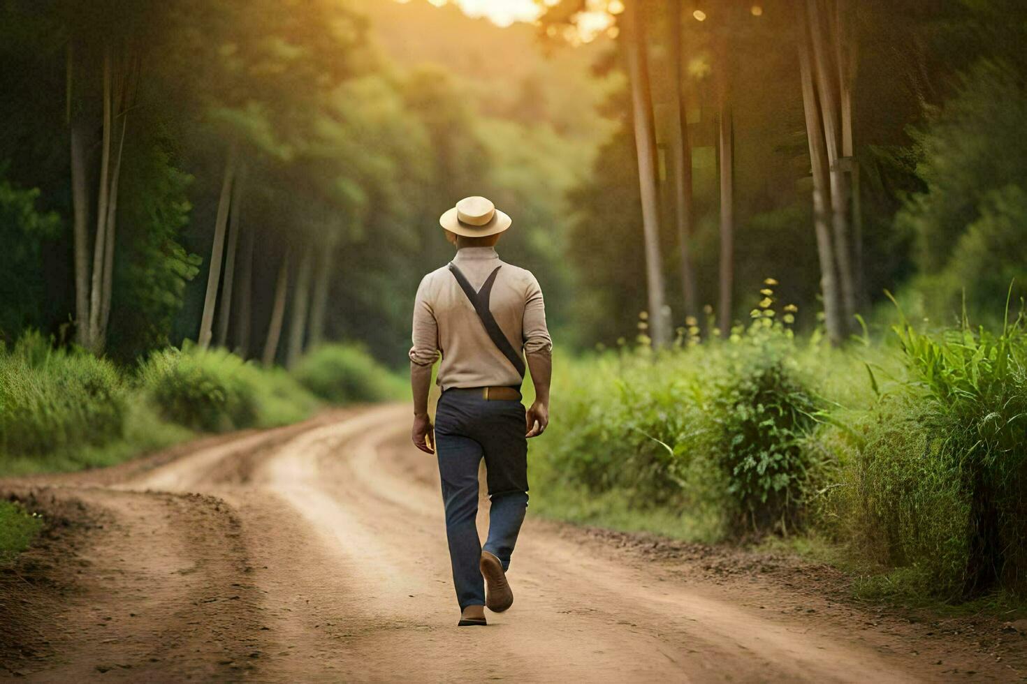 a man in a hat and shirt walking down a dirt road. AI-Generated photo