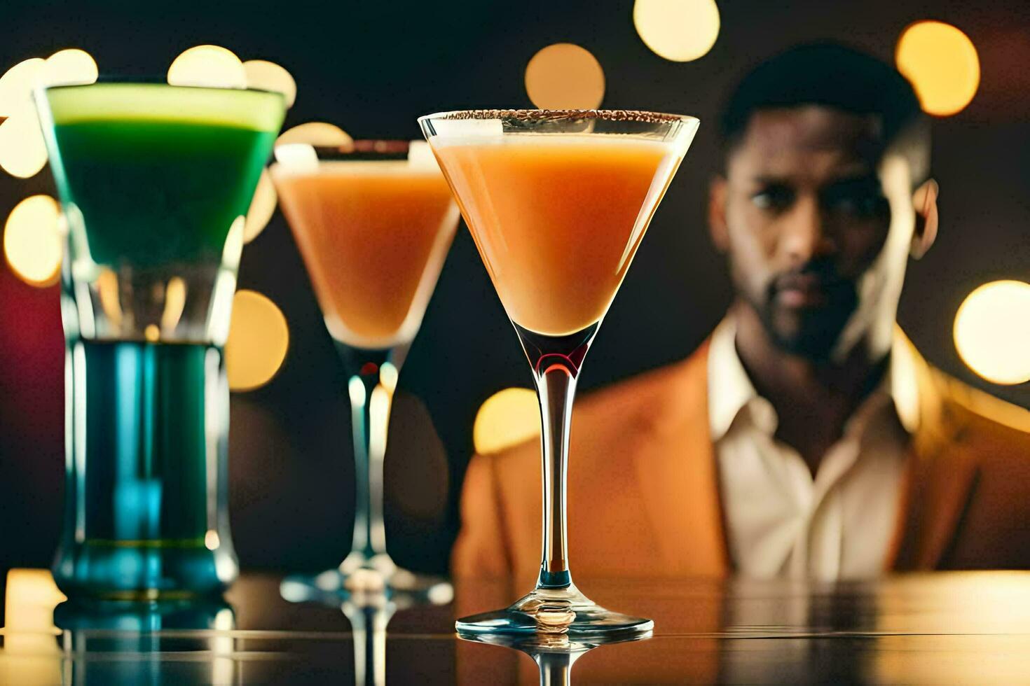 un hombre en un naranja traje en pie detrás Tres diferente cocteles generado por ai foto