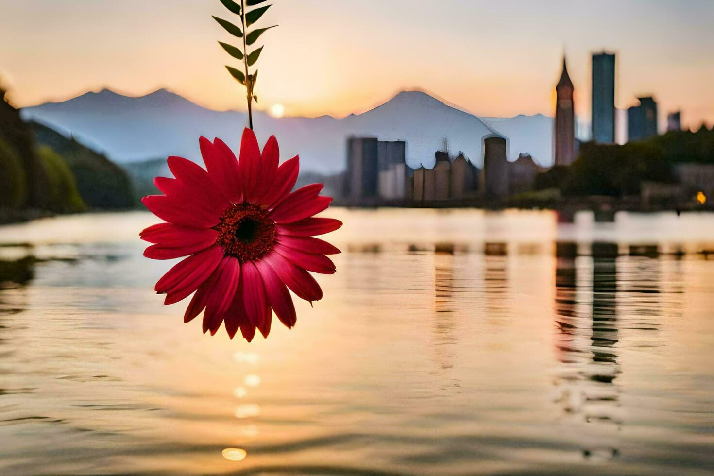 a red flower hanging from a branch over a body of water. AI-Generated photo