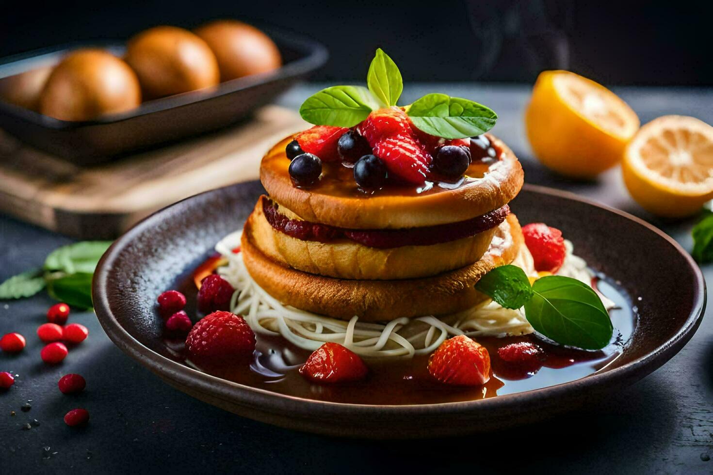 a plate with pancakes, berries and syrup. AI-Generated photo