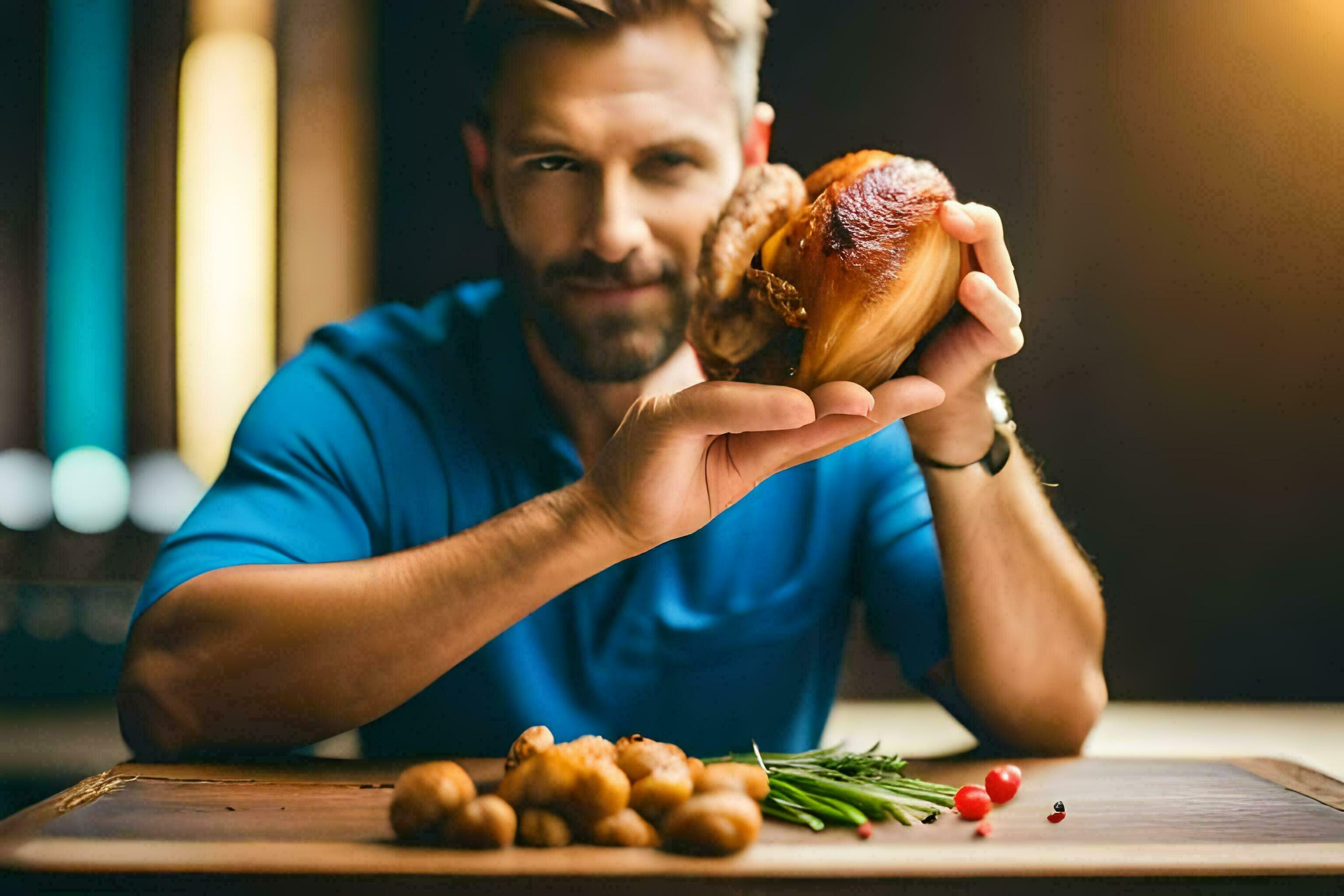 a man is holding a piece of meat and potatoes. AIGenerated 32372008