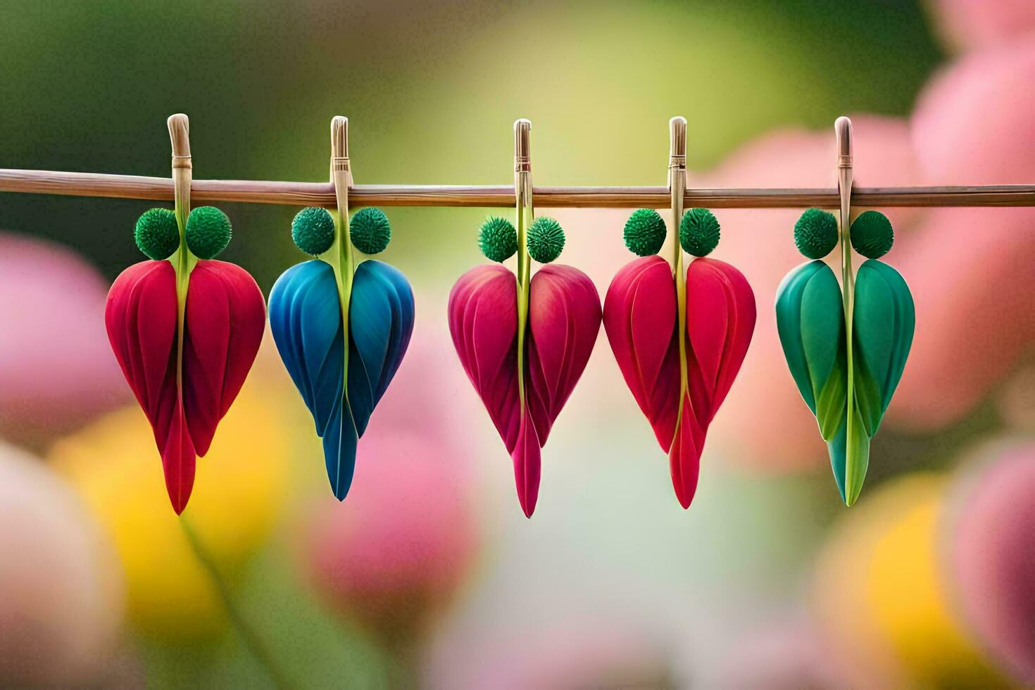 colorful earrings hanging on a wire with flowers. AI-Generated photo