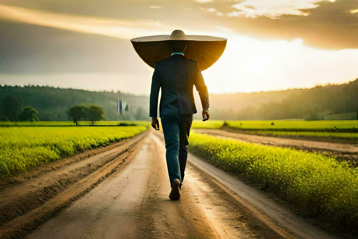 a man in a suit and hat walking down a dirt road. AI-Generated photo