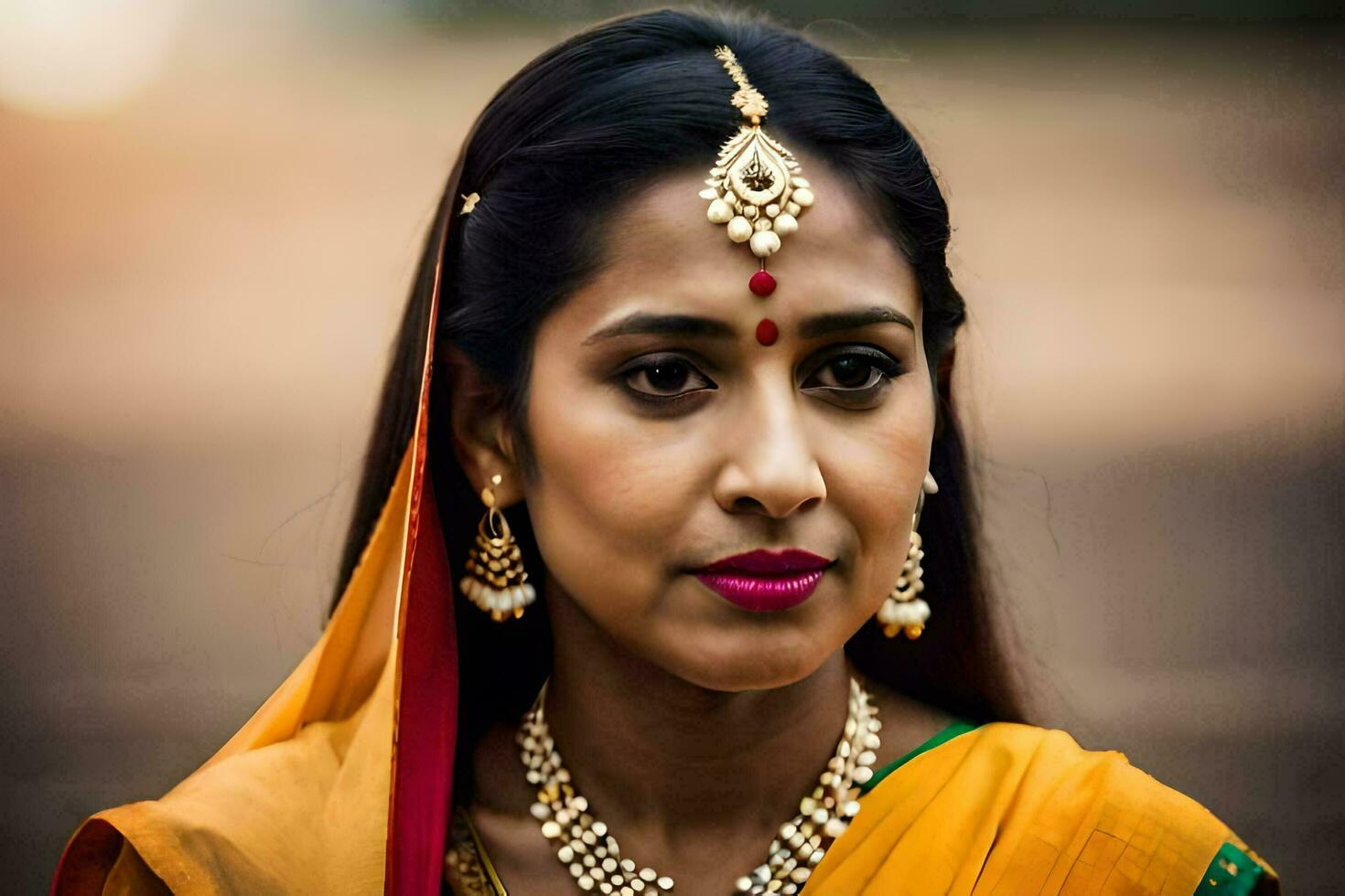 a woman in a sari with gold jewelry. AI-Generated photo