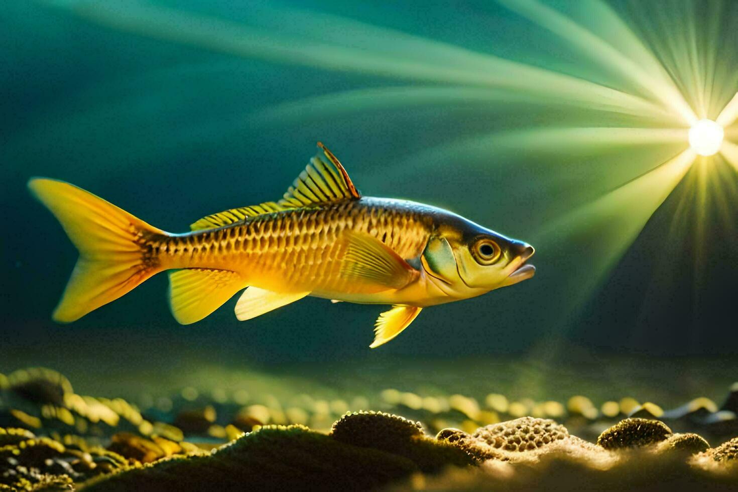 a fish swimming in the water with sunlight shining. AI-Generated photo